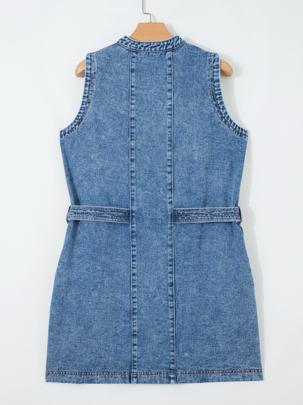 🩵Hello Gorgeous! Western Belt Button Down Sleeveless Denim Mini Dress - Picture 8 of 11